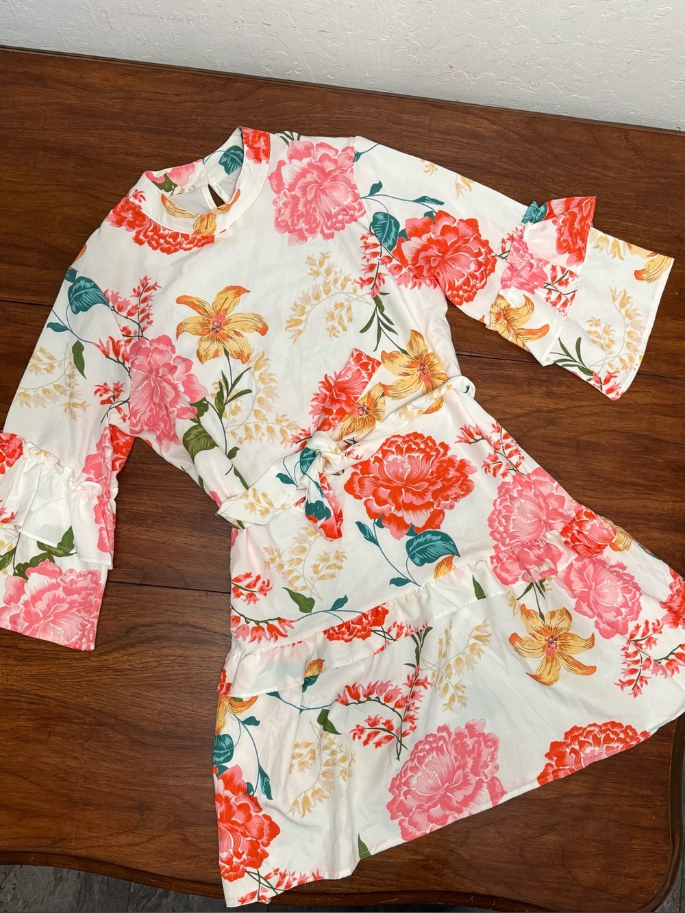 Cream Floral Ruffle Dress